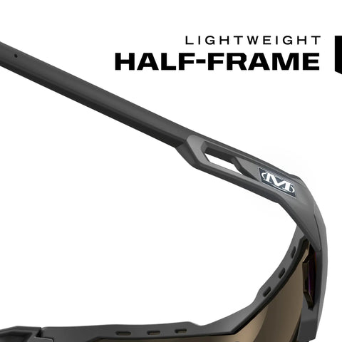 Close-up of Vision Type E Safety Glasses With Anti Fog, Scratch Resistant Lenses, Blue Mirror Lens, Lightweight Half Frame.