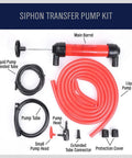 Emergency Siphon Fuel Transfer Pump Kit For Gas Oil And Liquids, includes pump, tubes, connectors, and protection cover.