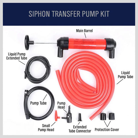 Emergency Siphon Fuel Transfer Pump Kit For Gas Oil And Liquids, includes pump, tubes, connectors, and protection cover.