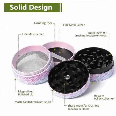 Manual Spice Grinder With No Fuss Quiet Grind, Calm Precision Die Cast Zinc Alloy, Mandala Style with pink blue gradient