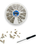 Top Shelf Metric Point Screws With Smooth Nickel Coating And Phillips Heads Build Heavy Duty Leather Belt Hardware Kits Including 120 Pieces In Twelve No Fuss Sizes Paired With A Pocket Driver For Quick Purse Repairs Anytime in clear organizer with screws and pocket driver.