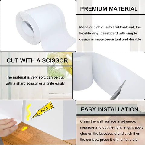 Dope White Vinyl Baseboard Molding With Crease Design, flexible, shown with scissors and glue, easy installation instruction.