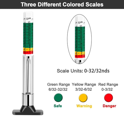 Go To Tire Tread Depth Gauge Set Color Coded For Quick Read In One Thirty Second Inch Increments Pack Of Two Reusable Sturdy Tool For Car Maintenance And Tire Health, 3.35-inch gauge with colored 1/32 scale