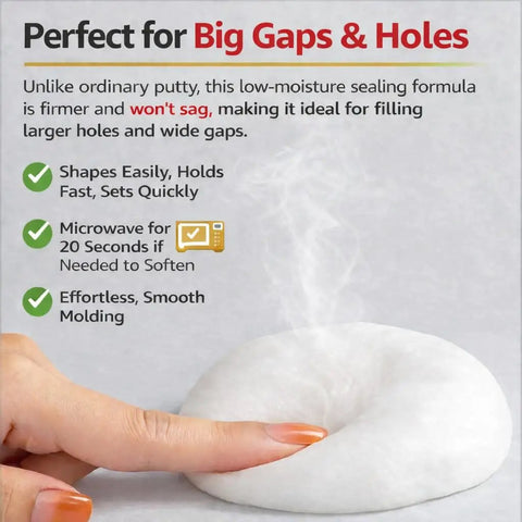 8 Oz Sealing Putty for Big Gaps and Holes, moldable gap filler being shaped by hand, ideal for AC pipe openings and plumbing cracks