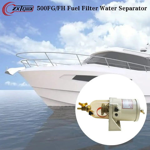 Diesel Fuel Filter Water Separator for Boats and Trucks with copper manual drain valve, shown on a boat setting.