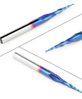 Tapered ball nose end mill, 1/8 in shank, 0.25 mm radius (0.5 mm dia), blue-coated spiral CNC router bit