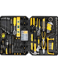 198 Piece Household Tool Kit With Plastic Toolbox, Pro Grade Chrome Finish Tools For Homeowners And DIY Enthusiasts, Versatile Black And Yellow Handyman Set For Repairs, Maintenance, And Projects, shown open displaying tools.
