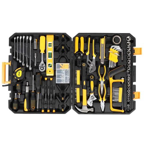 198 Piece Household Tool Kit With Plastic Toolbox, Pro Grade Chrome Finish Tools For Homeowners And DIY Enthusiasts, Versatile Black And Yellow Handyman Set For Repairs, Maintenance, And Projects, shown open displaying tools.