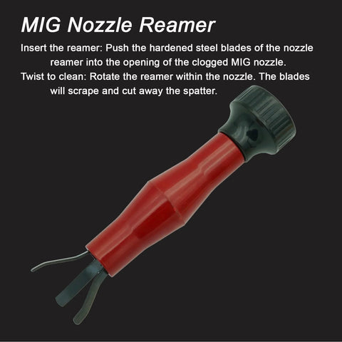 Front view of MIG nozzle reamer tool with red handle and dark green head for cleaning clogged MIG nozzles.