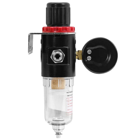 Airbrush Air Compressor Regulator With Water Trap Filter, Precise Airflow Control Knob, front view showing locking pressure adjustment.