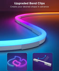 RGBIC Neon Rope Lights 32.8Ft With 64 Presets, Flexible Softer Material, showing upgraded bend clips for custom shape