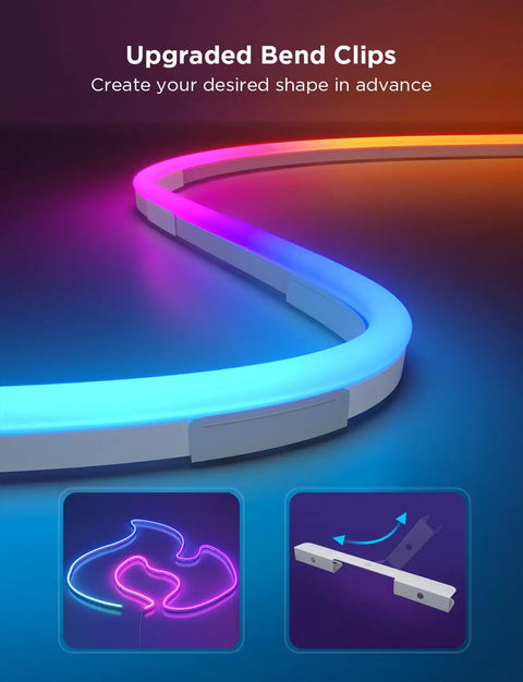 RGBIC Neon Rope Lights 32.8Ft With 64 Presets, Flexible Softer Material, showing upgraded bend clips for custom shape