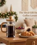 12 Ounce French Press Coffee Maker With Stainless Steel Filter And Borosilicate Carafe, One Cup Brew on a table with breakfast.