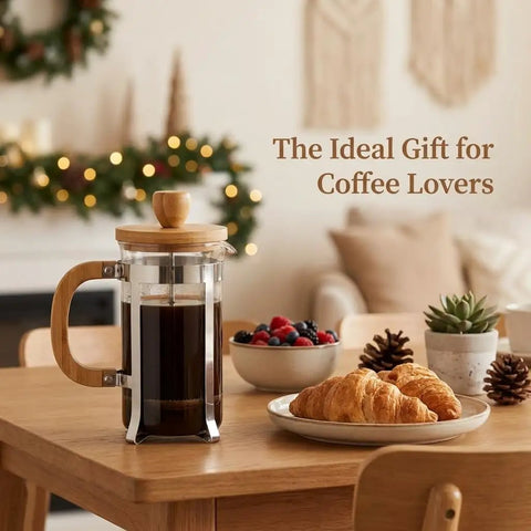 12 Ounce French Press Coffee Maker With Stainless Steel Filter And Borosilicate Carafe, One Cup Brew on a table with breakfast.