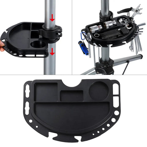 Bike Repair Tray Tool Holder For Bike Repair Stands, Keeps Tools Organized And Within Easy Reach, shown attached with tools.