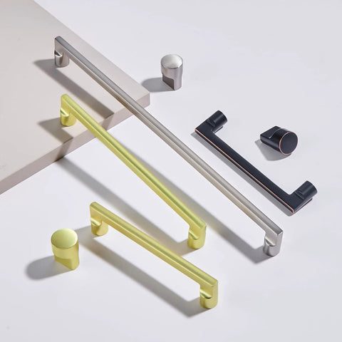 Assorted cabinet pulls and knobs including 10 Pack 5 Inch Brushed Gold Cabinet Pulls for Kitchen Cabinets Dresser Drawers Modern Zinc Alloy Handles 128mm