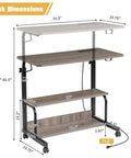 Hella Sturdy Adjustable Standing Desk On Smooth Lockable Wheels, dimensions showing 26.4 to 41.5 inch height and grey oak finish.