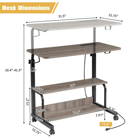 Hella Sturdy Adjustable Standing Desk On Smooth Lockable Wheels, dimensions showing 26.4 to 41.5 inch height and grey oak finish.
