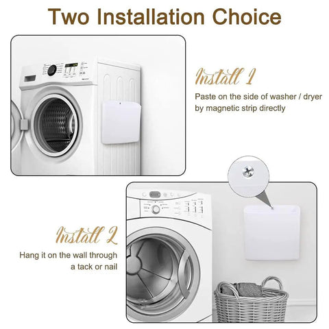 Magnetic Laundry Storage Bins, 2 Pack Lint Holder Trash Bins mounted on washer and wall, in gray white, showing installation options.
