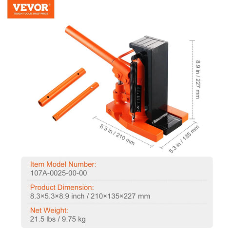 VEVOR orange hydraulic jack with toe lift and top lift, 2 extension tubes, front view.