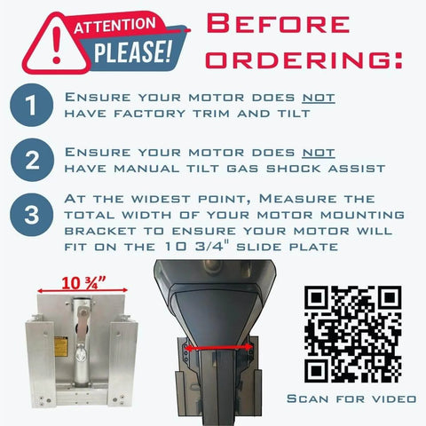 Instructions for Adjustable Manual Boat Jack Plate For Up To 30HP Outboard Motors High Grade Marine Aluminum Construction Fastest Manual Jack Plate On The Market Raise And Lower In Seconds On Demand On Water Adjustability For Quick Smooth Motor Positioning, with images and QR code.