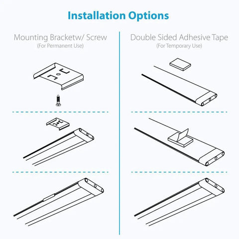 Diagram showing installation options for Dimmable LED Under Cabinet Lighting Kit With Four 12 Inch Panels, 6000K Cool White.
