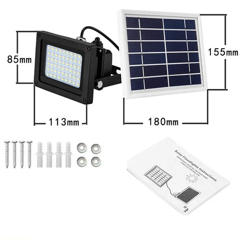 JUDYSSY Outdoor Solar Flood Lights with solar panel, mounting accessories, and instruction manual for garden and garage use.