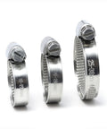 Three stainless steel hose clamps with hex screws, adjustable 5/16–2-3/8 in (8–60 mm) range.