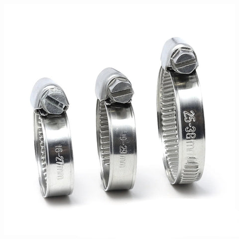 Three stainless steel hose clamps with hex screws, adjustable 5/16–2-3/8 in (8–60 mm) range.