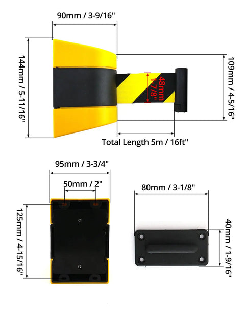 Diagram of Fixed Wall Mount Retractable Belt Barrier With ABS Case 16 Ft Belt Black And Yellow Safety Belt Screws Included