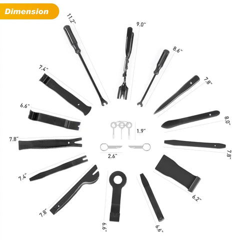 Straight Up 19 Piece Automotive Trim Removal Tool Set featuring Hella Tough Nylon Panel Pry Bars and Dash Clip Extractors in various sizes.