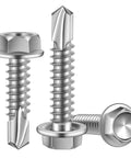 Size Twelve Hex Washer Head Self Drilling Screws With Piercing Tips For Quick Sheet Metal And Lumber Jobs Stainless Steel 410 visible in three angles.