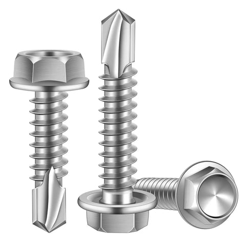 Size Twelve Hex Washer Head Self Drilling Screws With Piercing Tips For Quick Sheet Metal And Lumber Jobs Stainless Steel 410 visible in three angles.