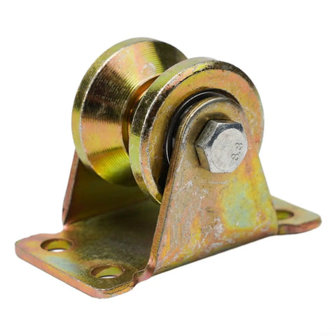 Heavy Duty V Groove Steel Wheel Casters For Inverted Track Sliding Gates With Thick Base Plate Four Pack side view of steel caster with mounting bracket.