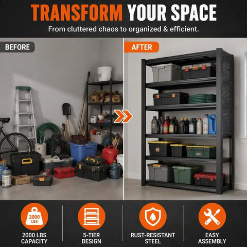 Before and after image of Badass Heavy Duty Storage Shelving With Pegboard 5 Tier Metal Rack Unit Max 2000 Lb Capacity Black Steel.