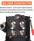 Close-up of Heavy Duty Air Compressor Pressure Switch Built Tough 135 To 175 PSI With Unloader Valve showing silver contacts.