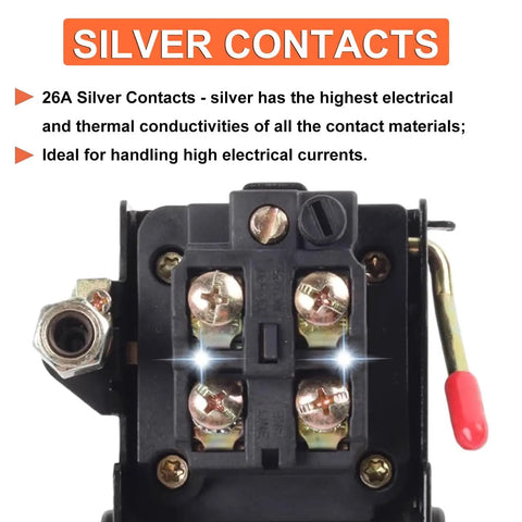 Close-up of Heavy Duty Air Compressor Pressure Switch Built Tough 135 To 175 PSI With Unloader Valve showing silver contacts.
