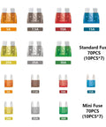 140Pcs Blade Fuse Assortment Kit With Standard And Mini Fuses For Marine RV Camper Boat Truck Aluminum Case Includes Puller For Quick Replacement And Easy Electrical Troubleshooting No Brainer For Any Vehicle displaying various fuse sizes and colors.