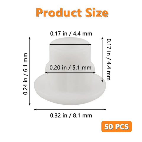 Detailed dimensions of 50Pcs 3/16 Inch Plastic Hole Plugs Snap In Shelf Plugs White Drilling Cover Plugs
