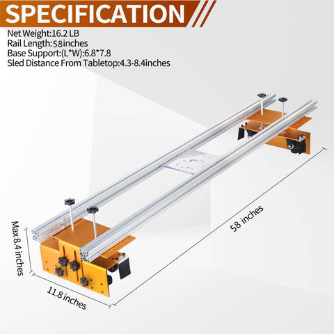 Slab Flattening Router Sled, 58 Inch Adjustable Planing Jig For Woodworking, pro-grade aluminum frame in DIY friendly orange.