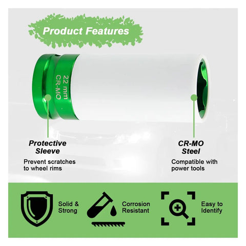 Heavy Duty Half Inch Drive 22 Mm Lug Nut Impact Socket Featuring A Scratch Proof Protective Sleeve For Smooth Rim Safe Removal, close-up showing features.
