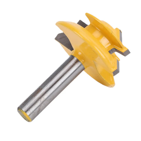 Close-up of Lock Miter Router Bit For 45 Degree Wood Joinery Cut With Sturdy Alloy Build for precise cuts in carpentry.