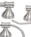 Close-up of brushed nickel components from All In One Bathroom Vanity Set With A 3 Light Fixture, Towel Bar, Toilet Paper Holder, Towel Ring, And Robe Hook In Brushed Nickel With Clear Glass, Industrial Luxe Vibe For A Fresh Home Upgrade