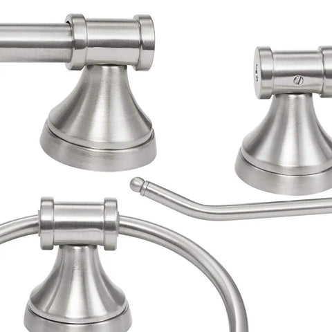 Close-up of brushed nickel components from All In One Bathroom Vanity Set With A 3 Light Fixture, Towel Bar, Toilet Paper Holder, Towel Ring, And Robe Hook In Brushed Nickel With Clear Glass, Industrial Luxe Vibe For A Fresh Home Upgrade