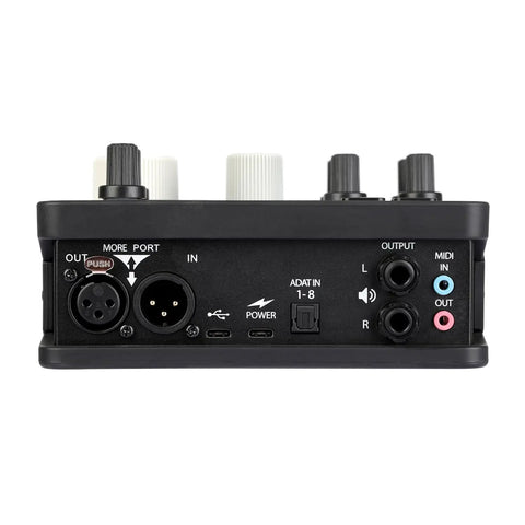Back view showing connections on More You Hub Expandable USB Audio Interface For Home Studio Boss Mode With Modular Monitoring And Recording Dual 2 Combo Jacks And Three Pin XLR Inputs Three Point Five Millimeter TRS MIDI I O One Quarter Inch Stereo Output Eight Channel ADAT.