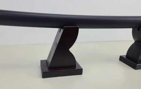 Detailed view of the Sturdy Dope Wood Katana Stand Display For Home Or Office Dope Japanese Samurai Sword Holder in dark brown finish
