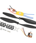 930KV Brushless Outrunner Motor With 30A ESC And 1045R Prop Kit laid out with propellers, motor, and connectors visible