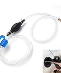 Yetofro gas siphon pump with two clear PVC hoses and blue connector; manual fuel transfer device