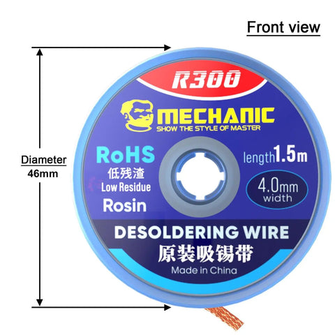 Front view of 4.0mm x 1.5m Pro Grade Solder Wick No Clean Braided Desoldering Wick For Electronics Copper Wire spool