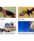 Collage image showing a dog with pet chain, set of keys on key ring, cargo plane with logistics reinforcement, and climbers using mountaineering rope.